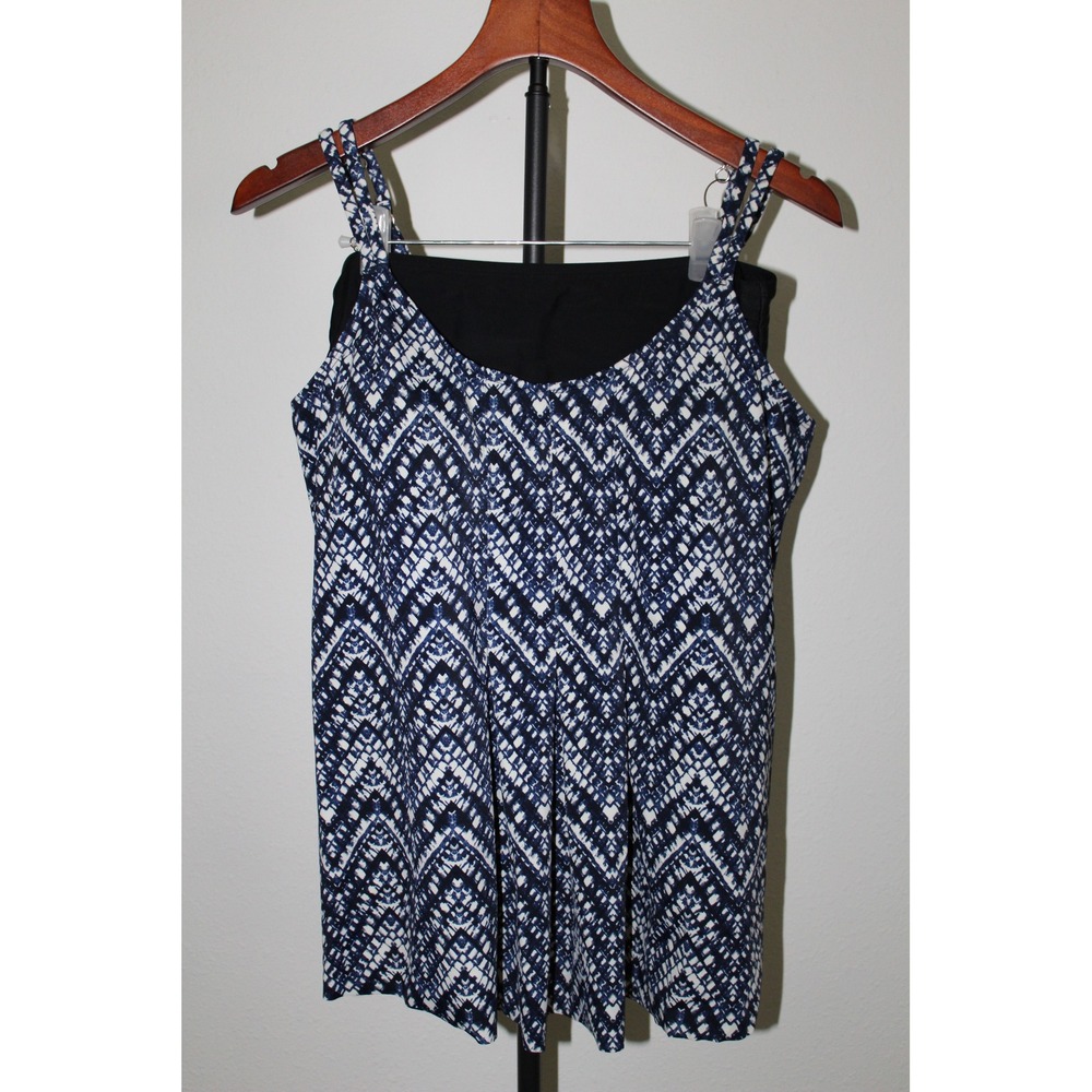 Shade & Shore Women's Ikat Print Tankini Set Blue White‎ High Waisted Bottoms 14